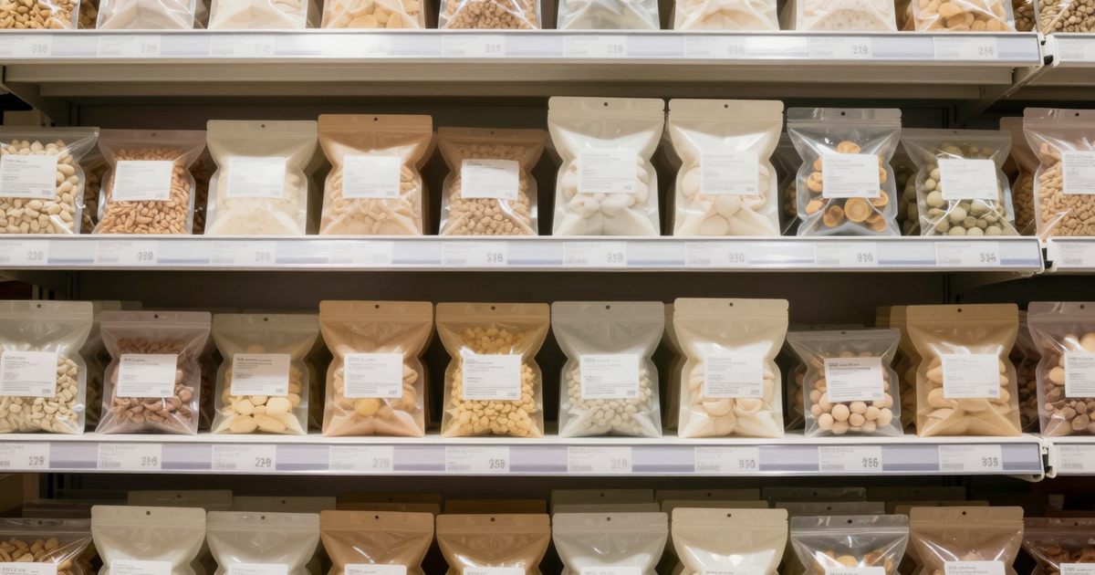 Aldi store shelf with packaged products containing titanium dioxide and other food additives