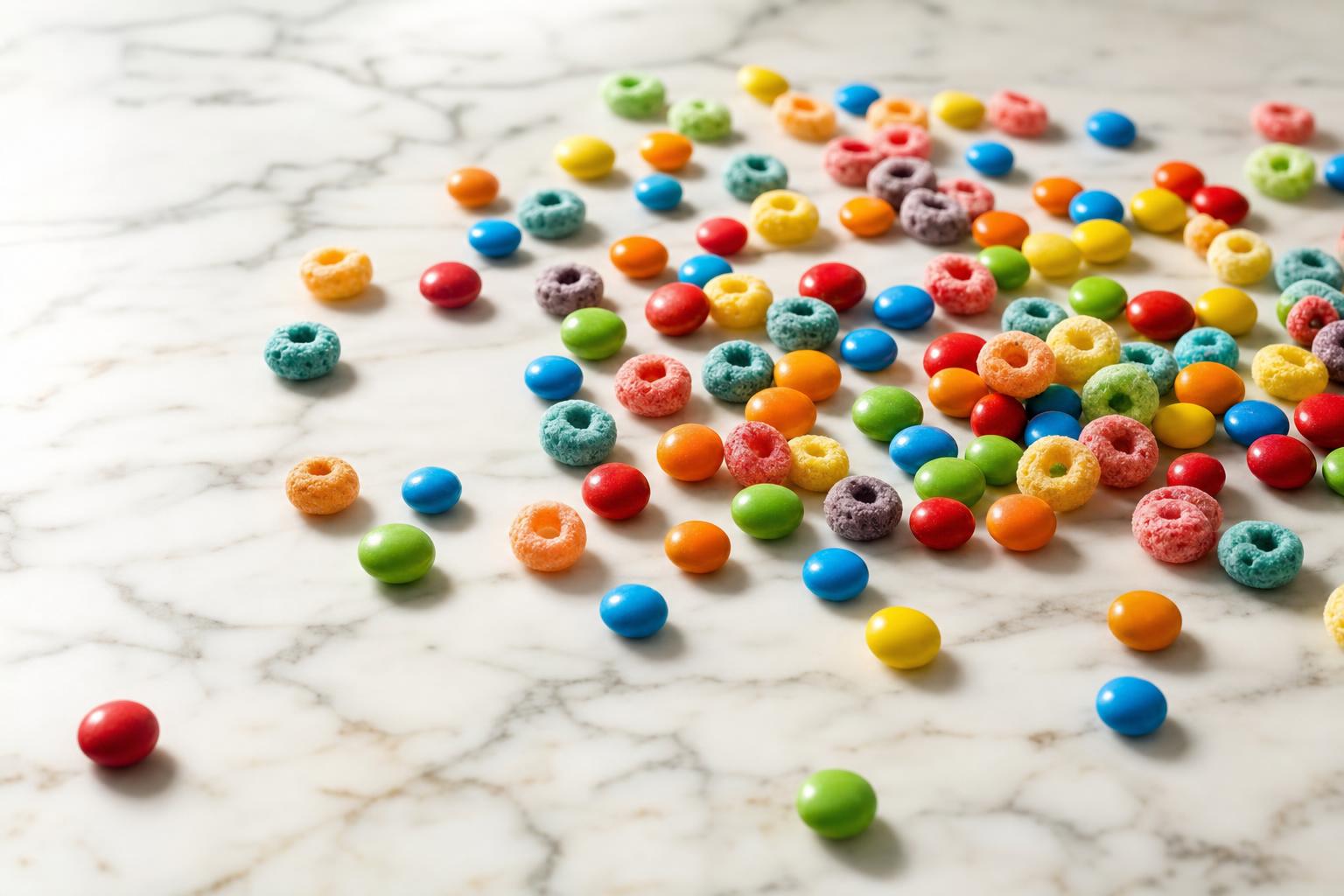 Brightly colored petroleum-derived candy and breakfast cereal on a kitchen counter, the foods most affected by the 2026 FDA food dye phase-out