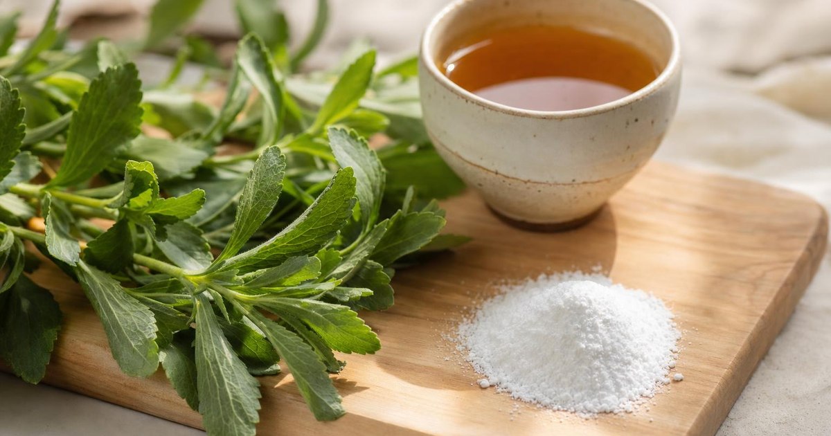 Stevia leaves and white powdered stevia extract: a natural sweetener used in zero-calorie drinks and packaged foods