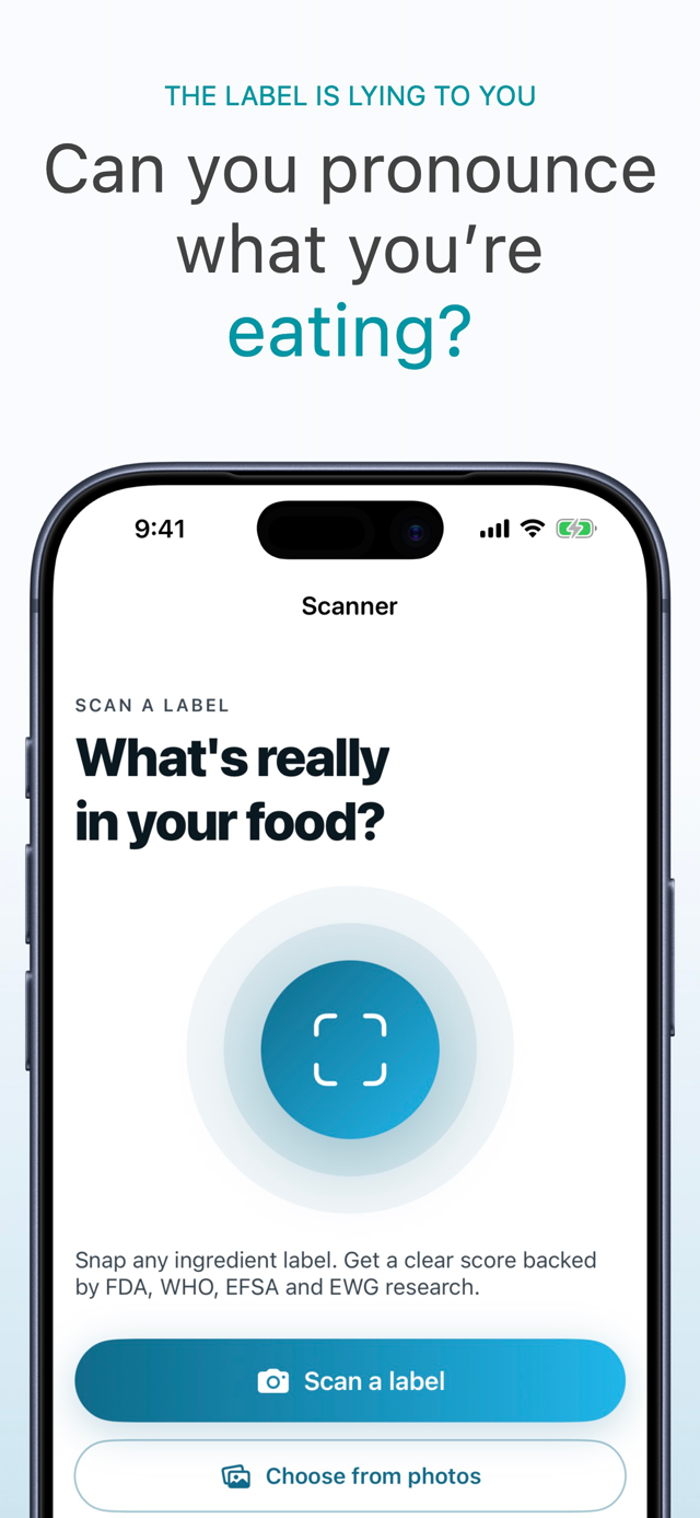 NoJunk scanner screen showing 'What's really in your food?' with a Scan a label button