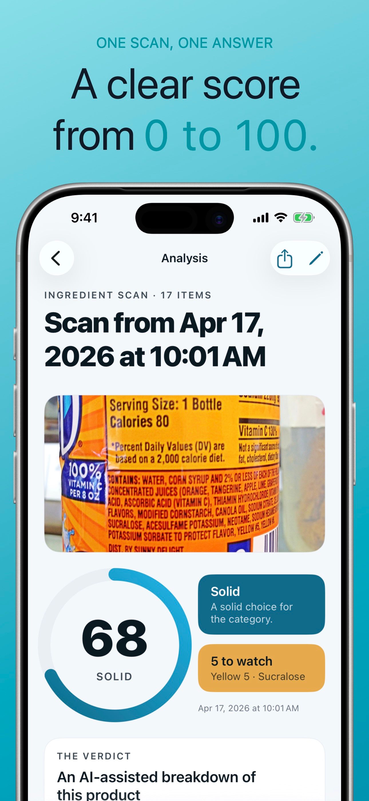 NoJunk analysis screen showing a product scored 68 out of 100 with 'Solid' tier and 5 ingredients to watch including Yellow 5 and Sucralose