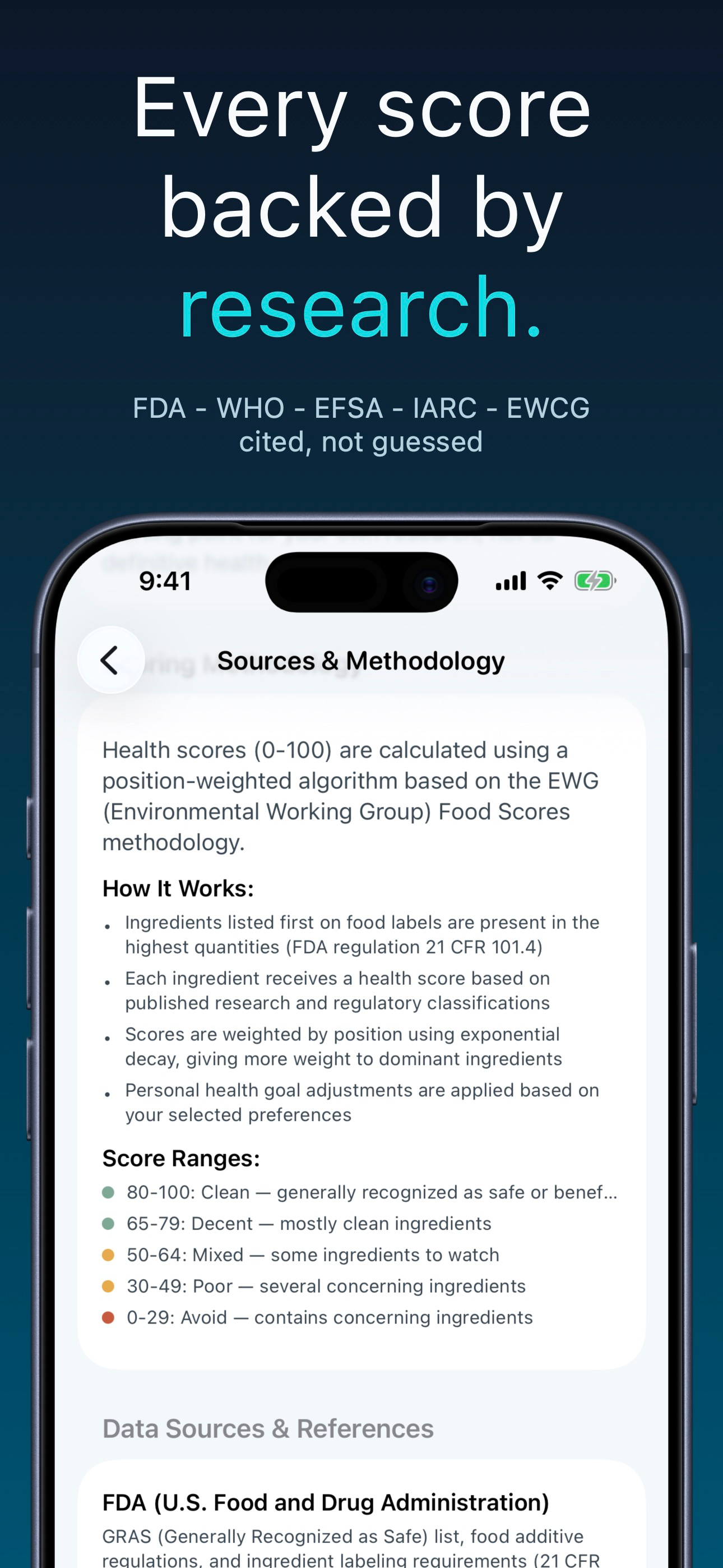 NoJunk Sources and Methodology screen explaining how health scores are calculated using EWG, FDA, WHO, EFSA, and IARC data