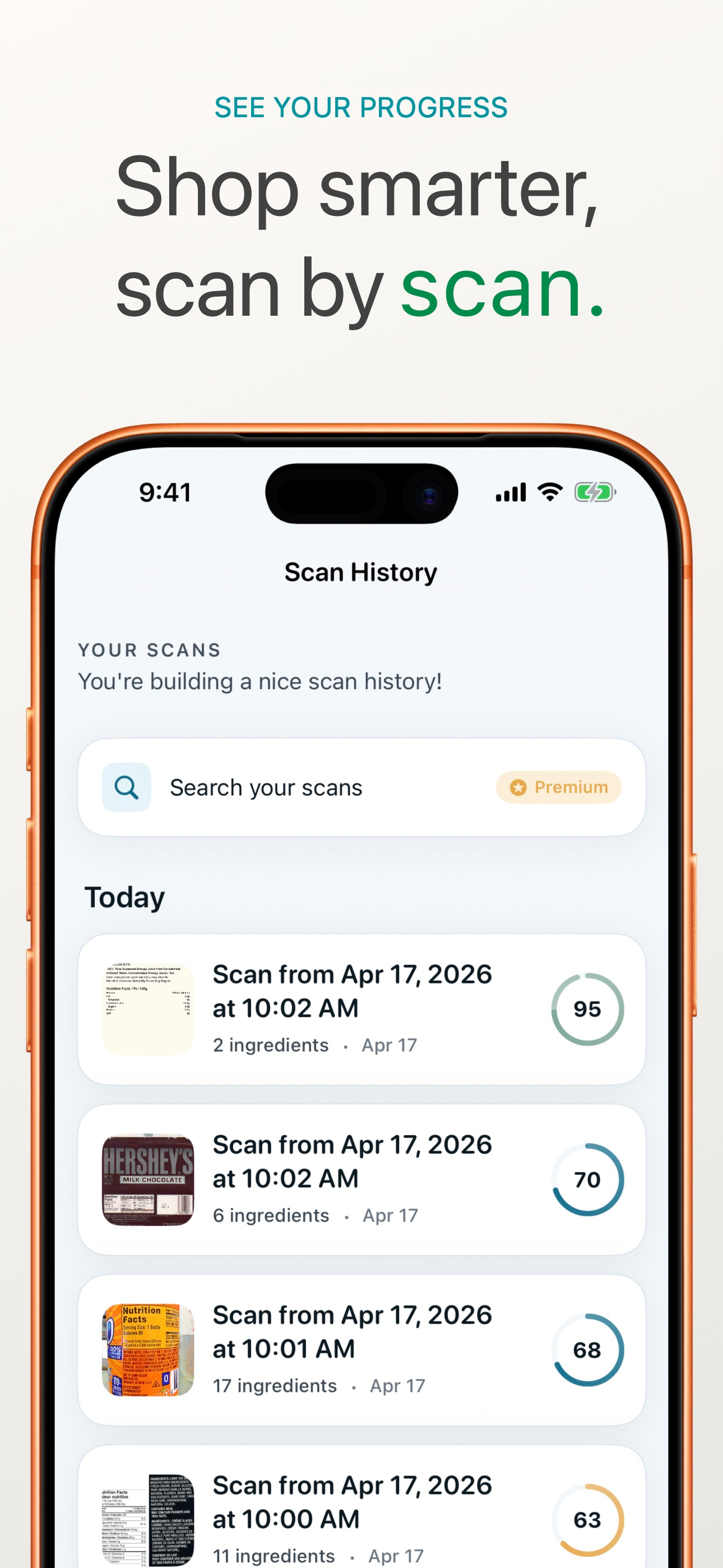 NoJunk Scan History showing recent scans of a Hershey's bar scored 70, a juice scored 95, and other products